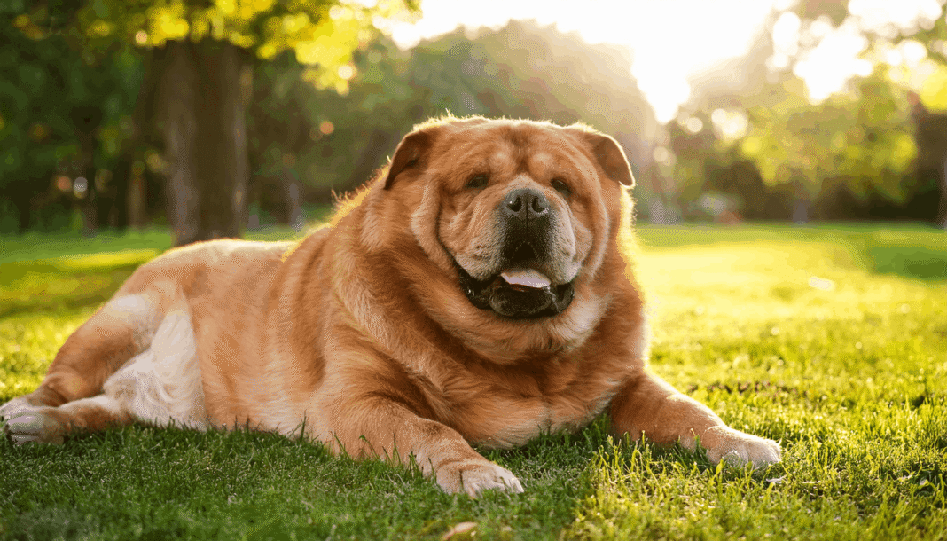Cão obeso deitado