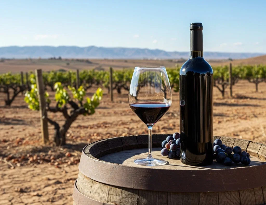 Garrava de Vinho, taça e uvas sobre um Barril em Petrolina